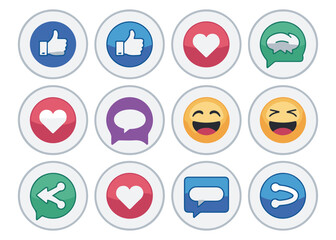 Social media reaction buttons and emoji faces set showing likes comments shares and various expressions