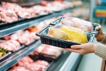 Buyer hands with raw chicken meat packages at the grocery store. Person choosing broiler in shop. People buying groceries. Vacuum packing. Supermarket aisle with product shelf. Display fresh poultry