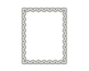 Glowing neon postage stamp border frame design element with scalloped edges on transparent background