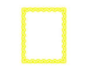 Bright neon yellow glowing stamp border frame design element with scalloped edges on black on transparent background