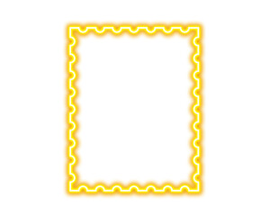 Glowing orange neon stamp border frame design element with scalloped edges on transparent background