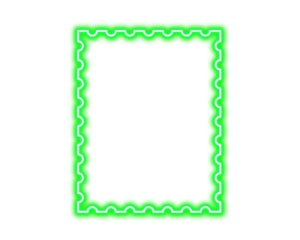 Neon green glowing postage stamp border frame design element on transparent background