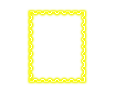 Bright neon yellow glowing stamp border frame design element with scalloped edges on black on transparent background - Powered by Adobe