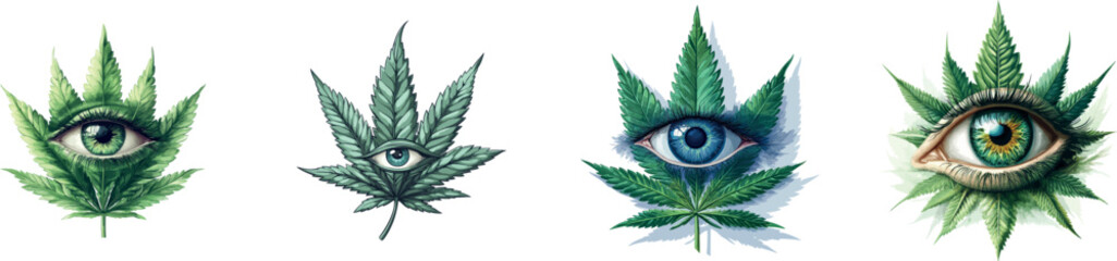 This modern clip art features a cartoon marijuana leaf with a red eye, illustrated with simple gradients and presented in a single layer
