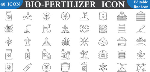 Collection of forty linear bio fertilizer icons for agriculture and organic farming concepts