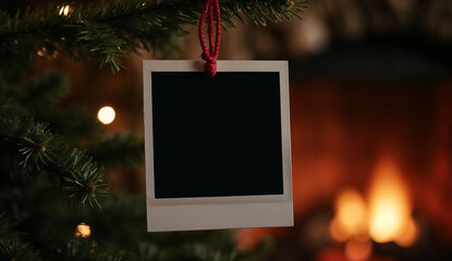 Blank black polaroid hanging on Christmas tree with fireplace background
