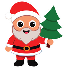 cartoon santa claus , Adorable Santa Claus with Big Eyes Holding a Green Christmas Tree