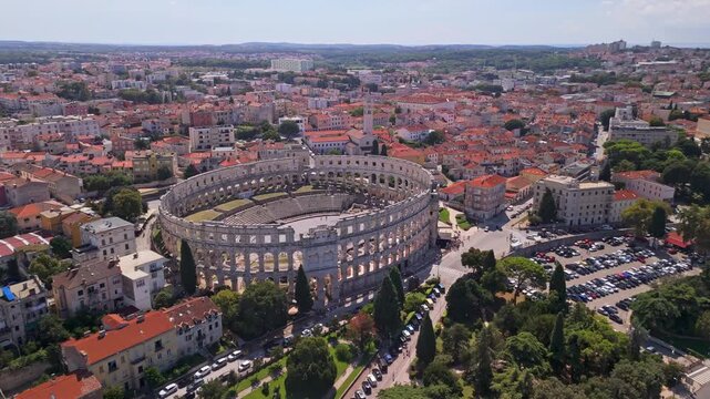 Drone video of Arena (Amphitheatre) Pula in Croatia