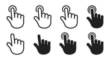 Set of eight hand cursor icons, pointer click symbol with index finger pressing button, isolated on white background