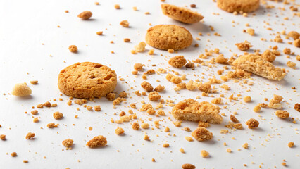 Tiny cookie crumbs arranged randomly across pristine white transparent background, sharp focus minimal shadows.