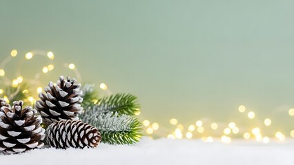 Christmas pine cones with snow and bokeh lights on a soft green background for holiday decoration and winter greeting card design