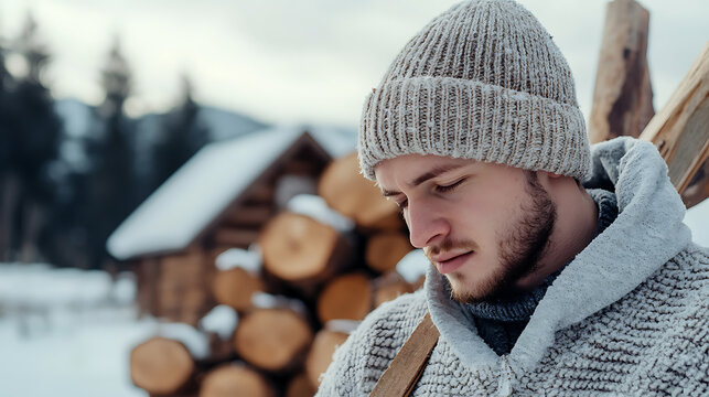 A thoughtful man stands near a log cabin with firewood. He is wearing a knit hat and sweater, the scene set against a snowy, mountain backdrop, evoking quiet solitude. - Powered by Adobe