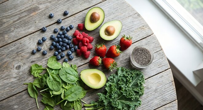 Natural superfoods composition on rustic wood: berries, avocado, kale - Powered by Adobe