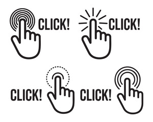 Variety of click icons displaying hand cursors with text and different visual effects for interaction