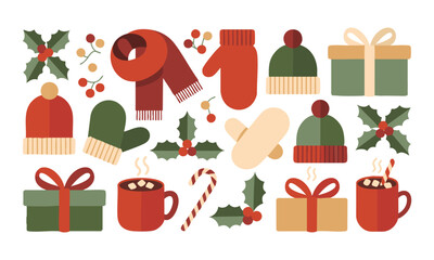 Cute flat winter accessories and cocoa mugs collection
 bundle  pack  collection illustration, easily editable. 