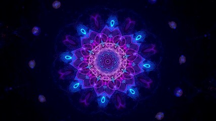 Bright colorful mandala pattern with glowing blue and purple symmetry on dark background - Powered by Adobe