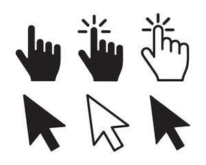 Collection of cursor icons featuring pointing hands and arrows in outline and solid styles for web design