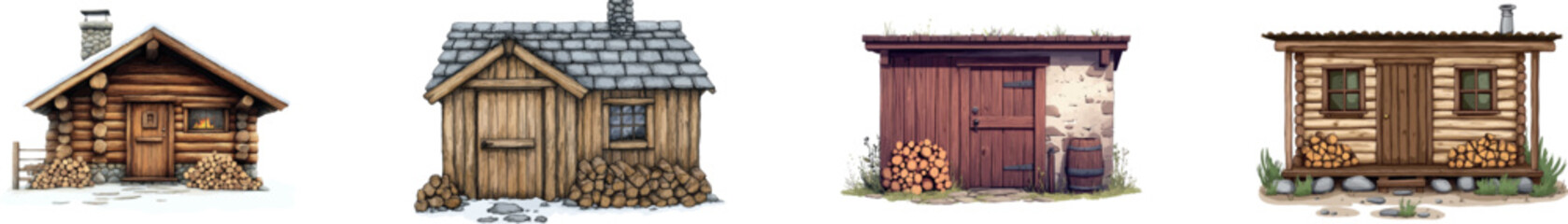 The modern illustration features cartoon wood cabin clip art, complete with simple gradients and the cabin and logs placed on separate layers for easy editing