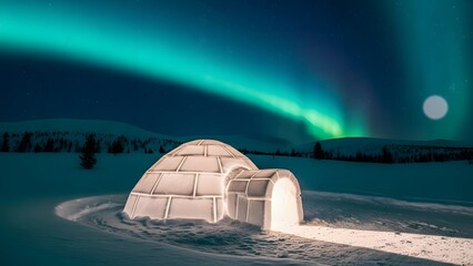 Illuminated modern igloo in snowy landscape under vibrant green aurora borealis and moonlit night sky
