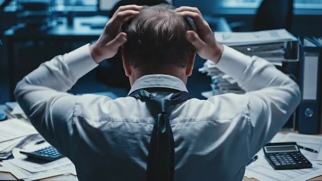 Overwhelmed Businessman Pulling Hair In Frustration Surrounded By Piles Of Paperwork In Dimly Lit Office