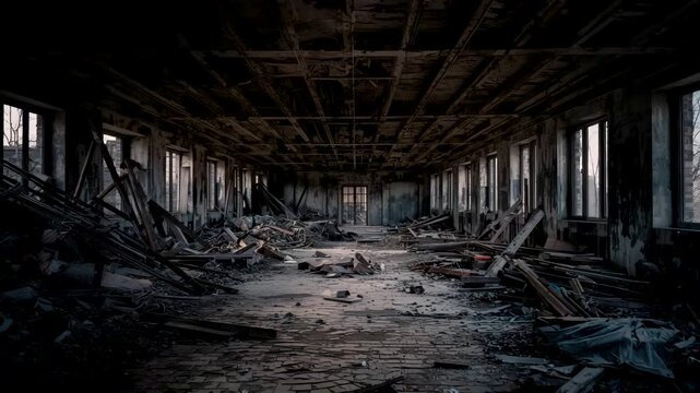 Abandoned industrial building interior with broken windows and scattered debris on concrete floor