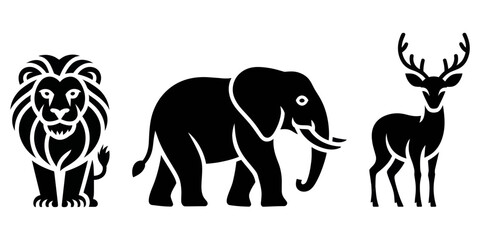 Obraz premium Wildlife animal silhouettes of lion, elephant, and deer icons for nature, safari, jungle, fauna, conservation, and zoological illustration design