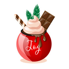 Round Red Mug or Cup Design with Cream, Fir Branch, Chocolate Piece, and Christmas Candy. Print Design for Christmas and New Year's with Hot Chocolate Coffee and Tea. Christmas Element Sticker Pattern