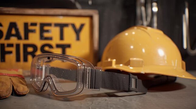 Safety first construction site still life featuring hard hat, safety glasses, and gloves, promoting workplace safety with a focus on prevention