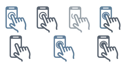Collection of hand and smartphone outline icons depicting various touch and tap gestures on mobile screens