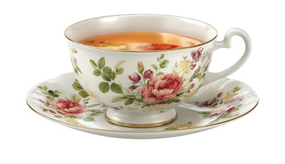 Fototapeta premium Elegant porcelain teacup and saucer with floral rose pattern and hot tea isolated on transparent background