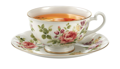 Elegant porcelain teacup and saucer with floral rose pattern and hot tea isolated on transparent background