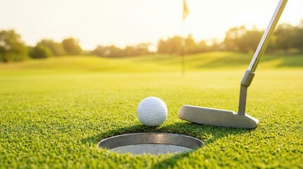 Golf ball sitting beside the hole on a putting green with a putter and a flagstick in the distance, ready for a close putt during a sunny day at the golf course