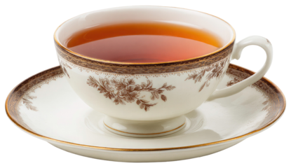 Elegant porcelain teacup with brown floral pattern and hot beverage isolated on transparent background