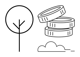 Sustainability, financial growth, economy, environmental balance, investment opportunity, eco-friendly initiatives. Minimalist drawing of a tree, coin stack and cloud. Sustainability and financial