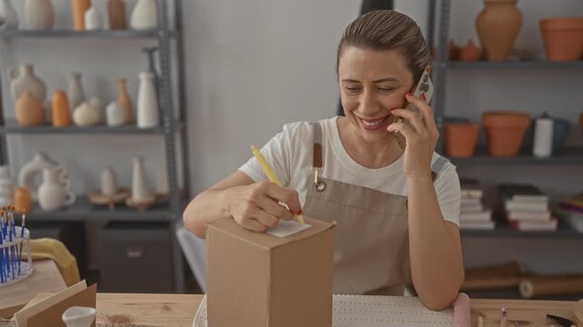 Woman seals cardboard box in studio while holding phone to ear and writing shipping label; productivity.