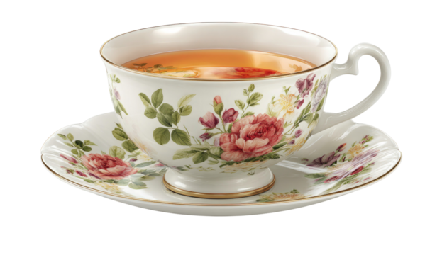 Elegant porcelain teacup and saucer with floral rose pattern and hot tea isolated on transparent background - Powered by Adobe