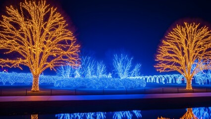 Two large trees wrapped in warm orange string lights flanking a field of trees illuminated with cool blue string lights at night, creating a festive holiday display reflected in water below