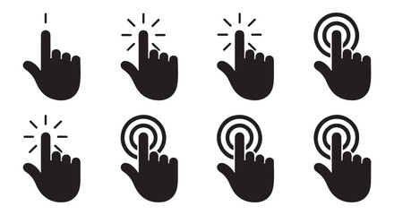 Group of black solid silhouette icons featuring hand cursors and click gestures on a white background