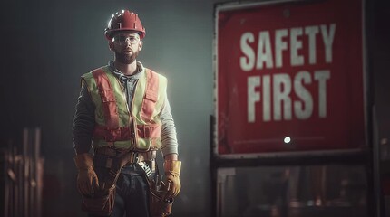 Construction worker promoting workplace safety with protective gear and a safety first sign, demonstrating commitment to well-being and accident prevention