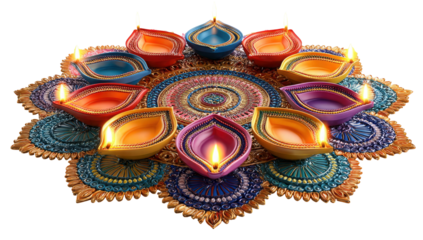 Nine traditional Indian oil lamps with vibrant colors arranged on a decorative base isolated on transparent background