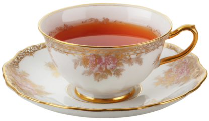 Teacup with hot tea and saucer, gold trim, and delicate floral pattern isolated on transparent background