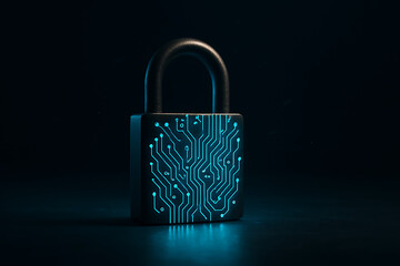Digital security concept with glowing lock