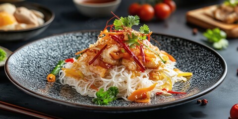 Rice noodles with vegetables and oriental sauce
