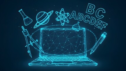 Glowing laptop surrounded by science and technology icons in a digital network