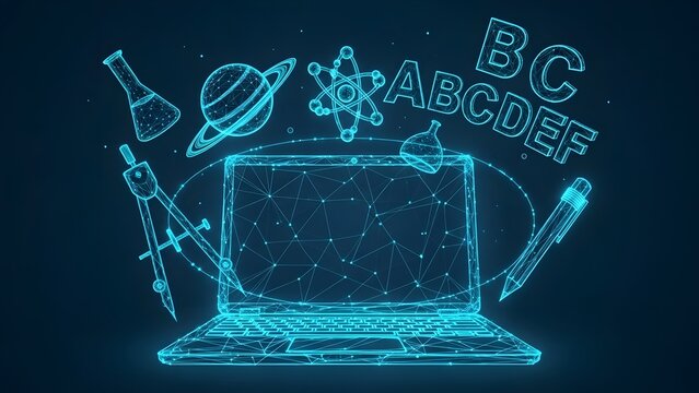 Glowing laptop surrounded by science and technology icons in a digital network - Powered by Adobe
