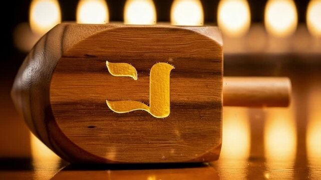 Wooden dreidel with glowing Hebrew letters on a reflective surface, blurred Hanukkah candles in background for Jewish holiday concept and traditional celebration