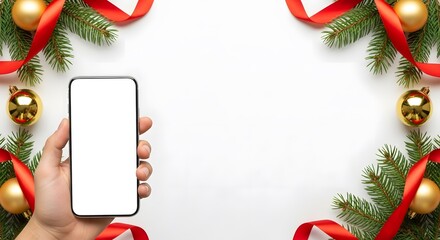 Hand of caucasian person holding smartphone with white screen mockup against Christmas decoration. Holiday promotion concept for advertising.