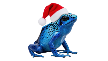 Blue Poison Dart Frog Wearing a Red Santa Hat isolated PNG with Transparent Background
