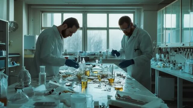 Scientists at Work in a Lab: Two dedicated scientists meticulously analyze samples in a modern laboratory setting, highlighting the precision and attention to detail required in scientific research.