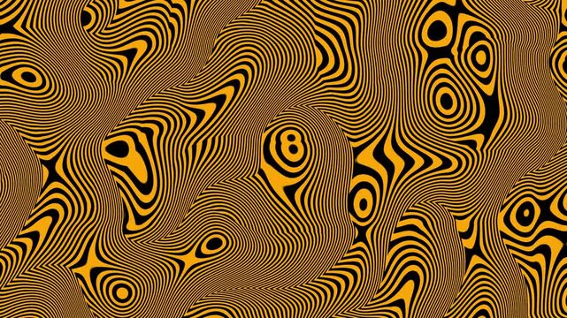 Swirling trippy lines animation visual effects with hypnotic psychedelic vibrant motion graphics flowing radiant shapes and shifting patterns creating an immersive illusion scene colour golden orange